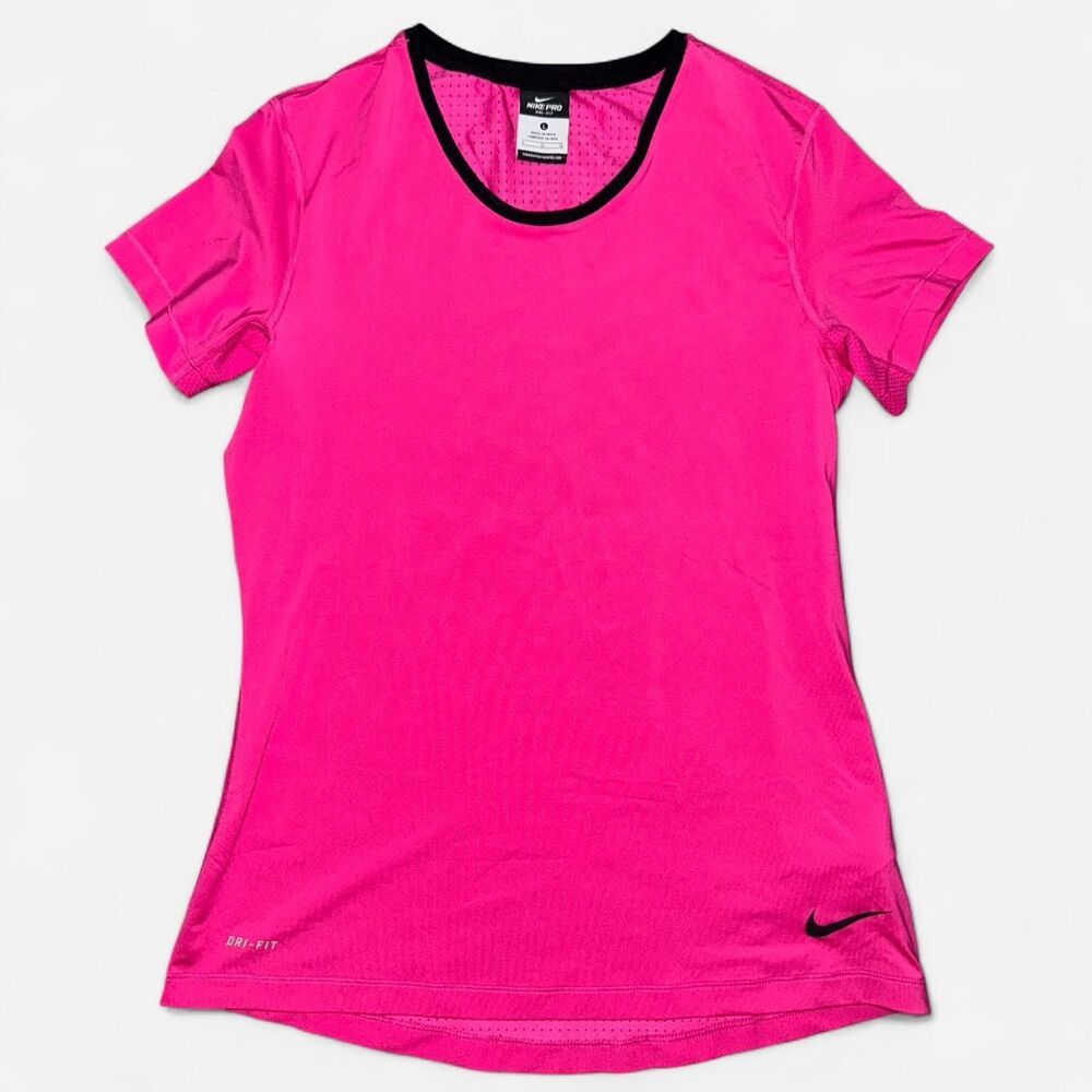 Nike Dri-Fit Short Sleeve Hot Pink and Black Athletic Top with Mesh Back; Size M